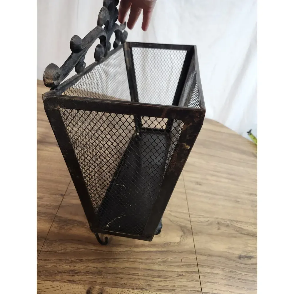 Vintage Black Hanging Wall Basket Storage Wrought Iron (?) Hooks Entry Way...